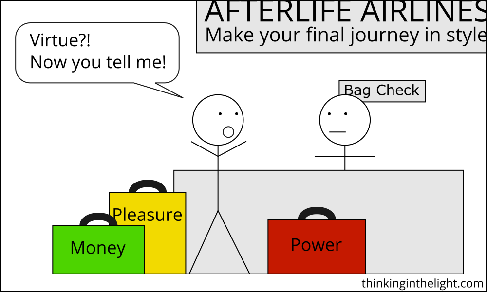 Person at counter of Afterlife Airlines, with money, pleasure, and power bags, saying, "Virtue? Now you tell me!"